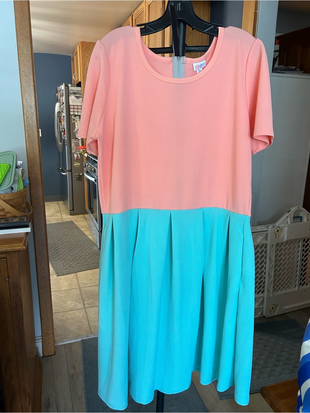 LuLaRoe Coral Pink and Aqua Two-Tone Short Sleeve Dress